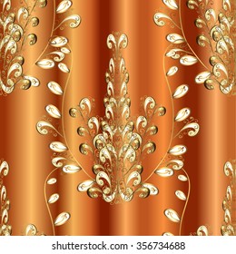 Gold damask pattern with vintage floral ornament