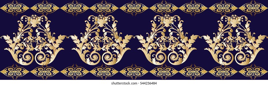 Gold damask seamless border. Vector floral seamless pattern background wallpaper with vintage decorative gold 3d baroque flowers, leaves and antique medieval  ornaments. Endless elegant rich texture.