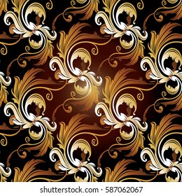 Gold Damask seamless pattern. Baroque floral ornaments. Modern flourish red   background wallpaper with vintage  3d gold  scroll swirl leaves, flowers in Victorian style.Vector luxury texture.