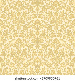 Fondo de Vector floral sin patrón de damasco dorado, diseñado como un elegante patrón sin costuras de damasco dorado para una decoración clásica, con un patrón sin costuras de damasco dorado adornado para Fondo de pantalla y textil