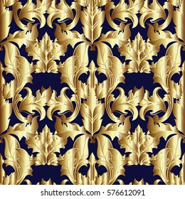 Gold damask seamless  pattern.  Floral dark blue  background  with  vintage medieval  3d  baroque ornaments, antique scroll  leaves and flowers. Vector luxury  texture for wallpapers, textile, fabric