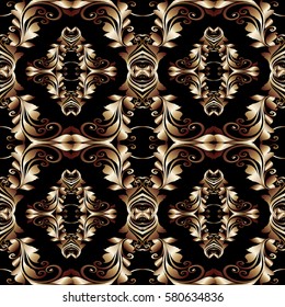Gold damask seamless  pattern. Floral  black background  with  vintage  3d baroque ornaments, antique  leaves and flowers. Vector luxury texture for wallpapers, textile, fabric
