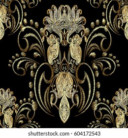 Gold Damask seamless pattern. Floral  black background wallpaper illustration with vintage 3d golden flowers, leaves and antique medieval ornaments in Baroque style.Vector luxury  texture for fabric 