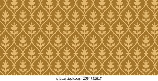 Gold damask wallpaper featuring a repeating leaf and vine pattern, for textile, wallpaper, gift wrapping, print