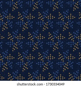 La textura dorada de copo de nieve de lámina azul oscuro sin costura. Patrón de encaje de nieve elegante y dorado metálico. Papel de pared para fiestas oscuras en invierno festivo. Brillante vacaciones de la marina real destello vectorial alamante impresión