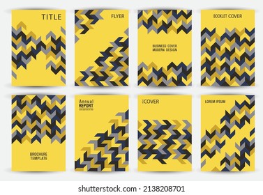 Gold dark blue geometric cover page templates bundle. Tile gepmetric elements patterns. Banners, posters, booklet covers vector collection. Business flyer layouts. Modern templates.