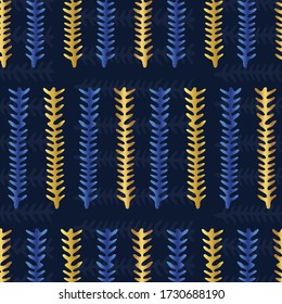 Gold dark blue metallic leaf stripe texture seamless background. Classy golden  leaves motif. Elegant lurex fabric pattern. Festive winter party bling wallpaper. Shimmer line sparkle all over print.