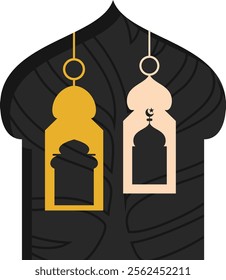 Gold and Dark Combination Islamic Decoration With Gold and Cream Lantern Illustration. suitable for Islamic design styles, Ramadan, Eid al-Fitr and Eid al-Adha decorations. EPS 10 Format