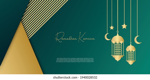 Gold and dark green tosca ramadan background with lantern, moon and crescent decoration. Islamic greeting card design concept. Luxury arabesque pattern arabic east style for brochure, flier, banner