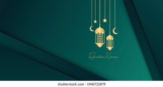 Gold and dark green tosca ramadan background with lantern, moon and crescent decoration. Islamic greeting card design concept. Luxury arabesque pattern arabic east style for brochure, flier, banner