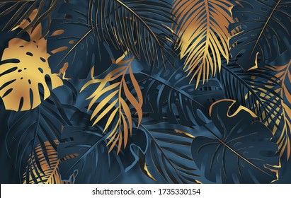 Gold and dark vector turquoise tropical leaves on dark background. Exotic botanical background design for luxury brands.