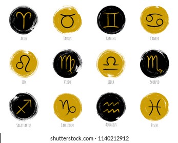 Gold and dark zodiac symbols vector set, collection of hand painted astrology signs. Aries, Taurus, Gemini, Cancer, Leo, Virgo, Libra, Scorpio, Sagittarius, Capricorn, Aquarius, Pisces icons isolated