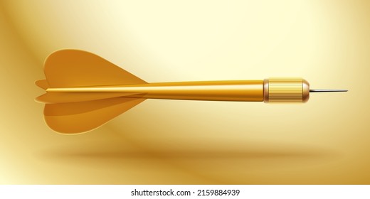 Gold dart arrow fly to target. Game strategy and business success concept. Dartboard equipment realistic design vector illustration isolated on yellow background