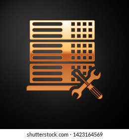 Gold Database server with screwdriver and wrench icon isolated on black background. Adjusting, service, setting, maintenance, repair, fixing.  Vector Illustration