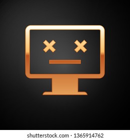 Gold Dead monitor icon isolated on black background. 404 error like pc with dead emoji. Fatal error in pc system. Vector Illustration