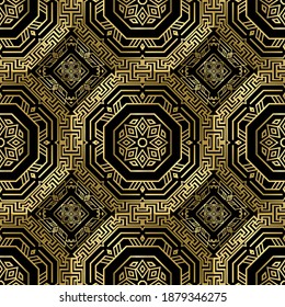 Gold Deco seamless pattern. Vector ornamental greek background. Geometric repeat symmetrical backdrop. Modern abstract ornaments. Geometrical shapes, hexagon, rhombus, lines. Luxury ornate design.