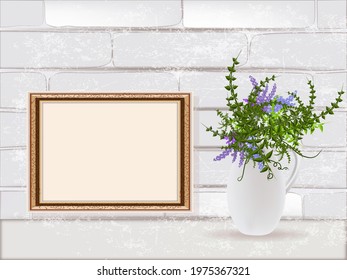 Gold decorated frame mockup with purple flowers in the pitcher vase isolated on white brick wall background. Empty frame mock up for presentation artwork. Template framing for modern art.
