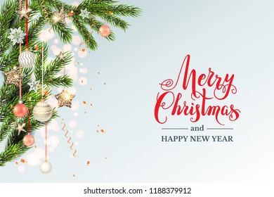 Gold decoration with fir and balls winter holiday invitation. Template Christmas sample with lettering for banners, advertising, leaflet, cards, greeting, invitation and so on.