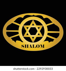 Gold decoration with Star of David and Shalom Hebrew word , Jewish ornament isolated on black background. Symbol for peace, harmony, wholeness,completeness, prosperity, welfare and tranquility.