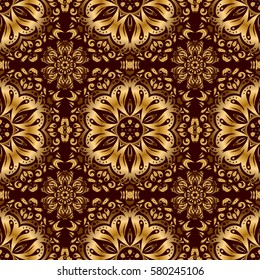 Gold decorations. Vector seamless background. Luxury golden seamless pattern with stars. Star pattern on a brown backdrop, golden vintage ornament.