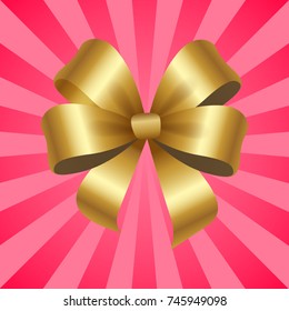 Gold decorative bow vector illustration isolated on background with pink rays. Present or gift elegant tied satin ribbon of gold in realistic design