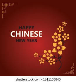 Gold decorative elements in asian style. Chinese text Happy New Year. vector illustration.