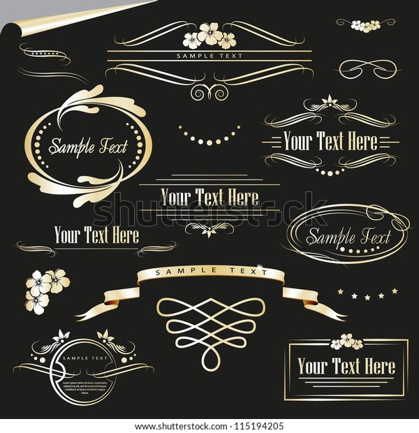 Gold Decorative Elements Inscriptions On Black Stock Vector (Royalty ...