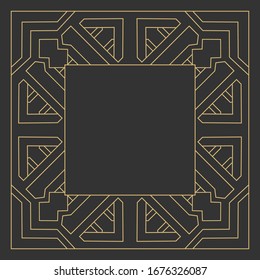Gold decorative frame in art deco style. Applicable for monograms, logo, wedding invitation, menu. Rectangular vector ornament. A graphic design element that is isolated on a black background.