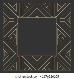 Gold decorative frame in art deco style. Applicable for monograms, logo, wedding invitation, menu. Rectangular vector ornament. A graphic design element that is isolated on a black background.