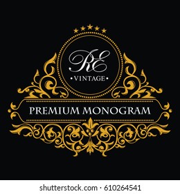 Gold decorative frame and monogram initials. Vector heraldic logo templates. An elegant business sign for a hotel, restaurant, cafe, jewelry, invitations, booklets and brochures.