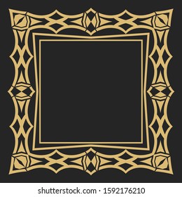 A gold decorative frame for monograms, the logo, invitation on a wedding, the menu. Rectangular vector ornament. The element of graphic design isolated on black background.