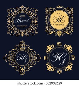 Gold decorative frame. Vector logo templates. Monogram, initials, jewelry. Elegant emblem logo for restaurants, hotels, bars and boutiques. It can be used to design business cards, invitations.