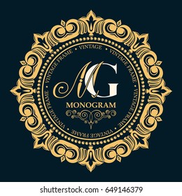 Gold decorative frame. Vector logo templates. The past. Monogram, initials, jewelry. Elegant emblem logo for restaurants, hotels, bars and boutiques. It can be used to design invitations, booklets 