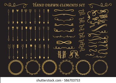 Gold decorative hand drawn design elements big set: arrows, frames, swirls, deviders and flourishes. Vector illustration.