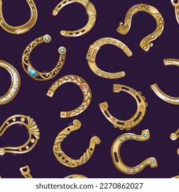 Gold decorative ornate horseshoes seamless pattern
 Seamless with dark violet
background. The Eighties stylized fashion
