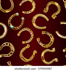 Gold decorative ornate horseshoes seamless pattern in cartoon style on red background vector illustration