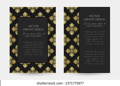 Gold decorative rhombus. Luxury vertical posters with decorative frame and border on the black background. Vector illustration for event invitation, ceremony card or celebration banner.