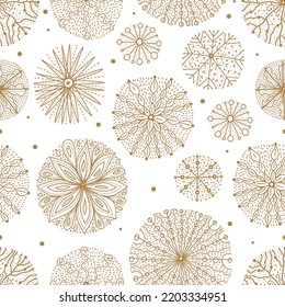 Gold decorative snowflaces. Cute vector pattern. Can be used for wallpaper, pattern fills, web page background, surface textures.