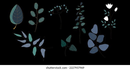 Gold, decorative twigs on a black background. Set: leaves flowers, branches, herbs and other natural elements.