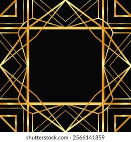 Gold decorative vector empty frame. Art Deco square line art border for social media, post card, banner on black 