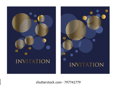 Gold and deep blue color abstract geometric design element for card, invitation, poster. Vector illustration of concept circle planet pattern. 