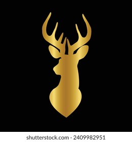 Gold Deer Logo. Simple Vector illustration. Emblem design  business template. Classic Deer  icon. Nature Wildlife Hunting. Silhouette Head. Stag, Buck, Hart, Reindeer, Mule,  Whitetail, Elk, Antler. 