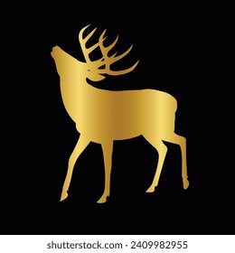 Gold Deer Logo. Simple Vector illustration. Emblem design  business template. Classic Deer  icon. Nature Wildlife Hunting. Silhouette Head. Stag, Buck, Hart, Reindeer, Mule,  Whitetail, Elk, Antler. 