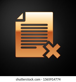 Gold Delete file document icon isolated on black background. Rejected document icon. Cross on paper. Vector Illustration