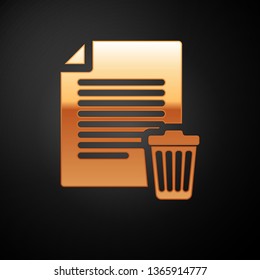 Gold Delete file document icon isolated on black background. Paper sheet with recycle bin sign. Rejected document icon. Cross on paper. Vector Illustration