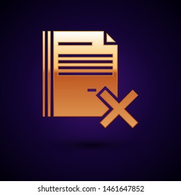 Gold Delete file document icon isolated on dark blue background. Rejected document icon. Cross on paper.  Vector Illustration