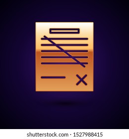 Gold Delete file document icon isolated on dark blue background. Rejected document icon. Cross on paper.  Vector Illustration