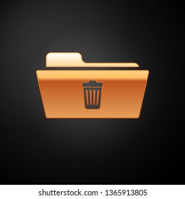 Gold Delete folder icon isolated on black background. Folder with recycle bin. Delete or error folder. Close computer information folder sign. Vector Illustration