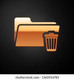 Gold Delete folder icon isolated on black background. Folder with recycle bin. Delete or error folder. Close computer information folder sign. Vector Illustration