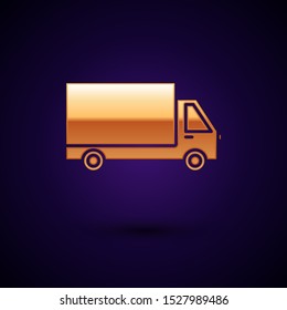 Gold Delivery cargo truck vehicle icon isolated on dark blue background.  Vector Illustration